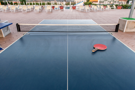 Table tennis with paddle on the table at swimming board