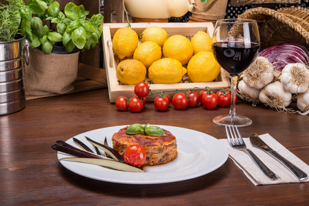 Eggplant parmigiana on table, original italian dish in sicilyの写真素材