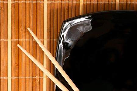 japananese style plate on bamboo rugの写真素材