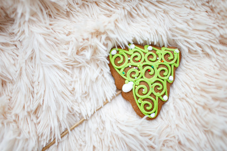 Christmas gingerbread Christmas Tree on white soft plaidの写真素材