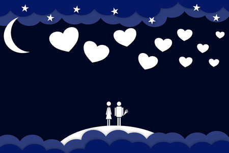 Valentine's Day. Paper art design. Two enamored little man at night.の写真素材