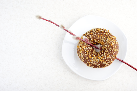 Donut and willow branches. One donut in a light plate and a willow twig.の写真素材