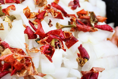 Dried peppers and onions. Cooking,の写真素材