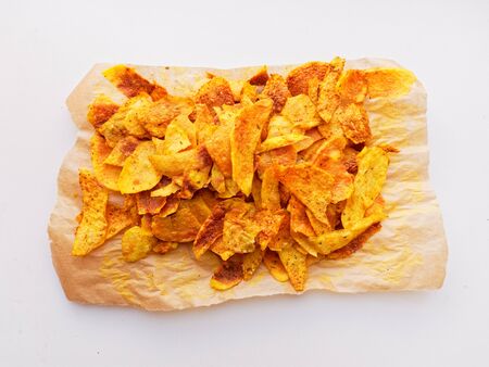 Homemade Chips. A pile of crisps close-up. Junk food.の写真素材