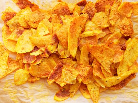Homemade Chips. A pile of crisps close-up. Junk food.の写真素材