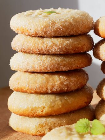 A stack of cookies with sugar. Sweet homemade cakes.の写真素材