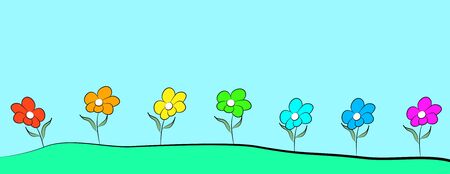 Background for the banner. Flowers against a blue sky. Child's drawing style flowers.の写真素材