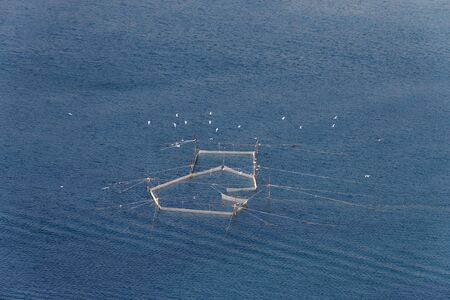 Sea net. Stationary fishing nets. Fishing off the coast of the sea with a net. Seine landline and seagulls, seascape.の写真素材