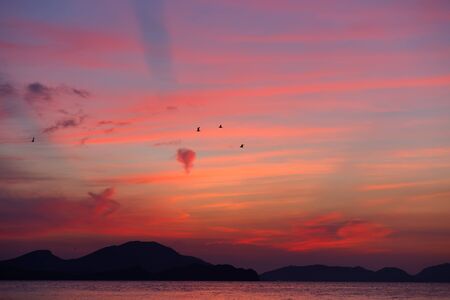 Crimea landscape. Dawn at the sea, Koktebel. Pink dawn.