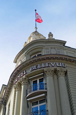 BERN, SWITZERLAND - MARCH 3, 2019: The state-owned Hotel Bellevue Palace, located in the centre of Bern above river Aare, opened in 1865. This luxury hotel is the official guesthouse of the Swiss government.のeditorial素材