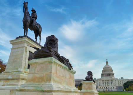 Washington, D.C., USA - November 12, 2017: The U.S. Capitol Building is seen behind large bronze sculptures of the Ulysses S. Grant Memorial.のeditorial素材