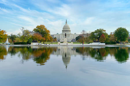 Washington, D.C., USA - November 12, 2017: Reflections of the United States Capitol Building and the Ulysses S. Grant Memorial are seen in the Capitol Reflecting Pool.のeditorial素材