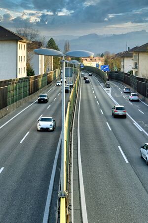 Traffic on A6 Motorway which passes through Bern, Switzerlandの写真素材
