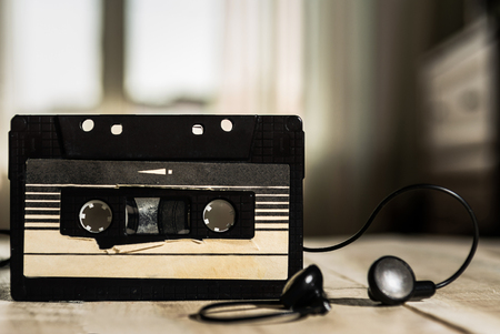 Black music cassette with headphonesの写真素材