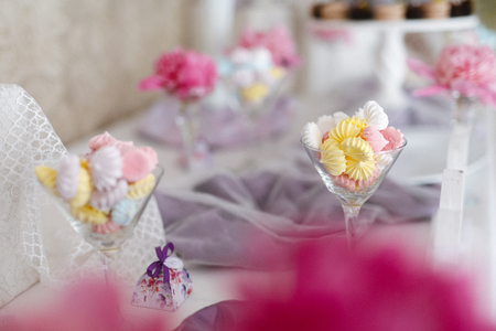 Closeup shot of a wedding candy bar decoration elementsの写真素材