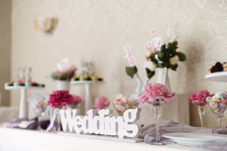 Closeup shot of a wedding candy bar decoration elementsの写真素材