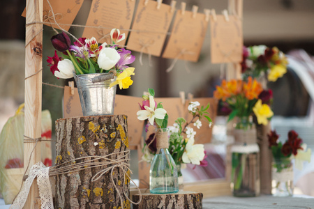 Closeup of the wedding decoration elements  in rustic style shot at daylightの写真素材
