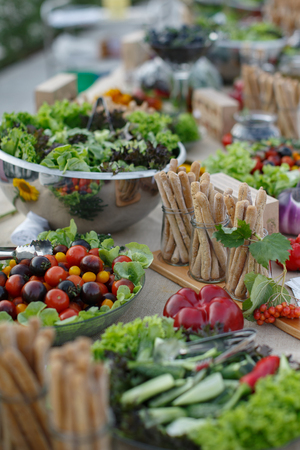 Outdoors fourchette table with fresh vegetables and grissiniの写真素材