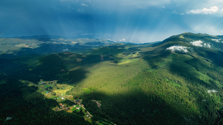 Carpathian mountains shot from drone at sunsetの写真素材