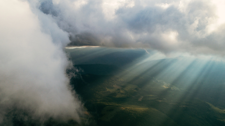 Carpathian mountains shot from drone at sunsetの写真素材