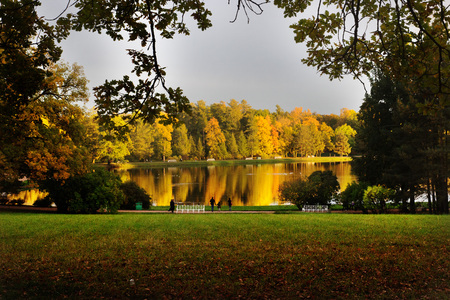 Lake in Catherine's Park in autumn in St. Petersburg (Pushkin), Russiaの写真素材