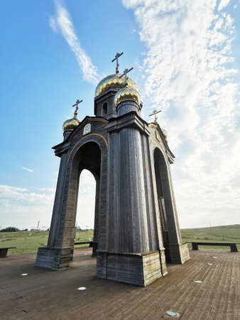 Russia, Taman, Temryuk District, Krasnodar Territory - June 19, 2021 Chapel of St. Andrew the First-Called on Lysaya Gora in the village of Taman, Temryuk District, Krasnodar Territory. Bottom viewのeditorial素材