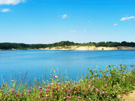 Beautiful blue lake surrounded by forest. Grass and flowers by the lake in a sandy quarryの写真素材