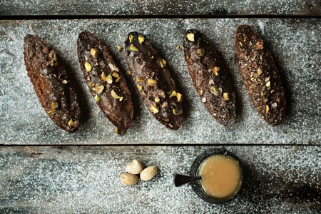 Homemade diet flap jacks with, pistachio and nuts, flat squares from aboveの写真素材