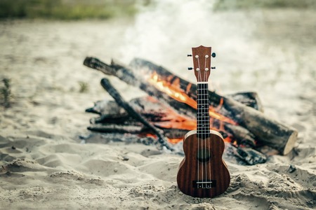 guitar ukulele on sand beach. bomifire on the backgraunfの写真素材