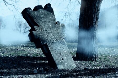 Spooky  Horror Halloween graveyard with fog. Halloween scary night concept