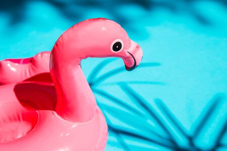 Pink flamingo swim ring drink holder on turquoise background with shadows of exotic plants. Summer , vacation conceptの写真素材