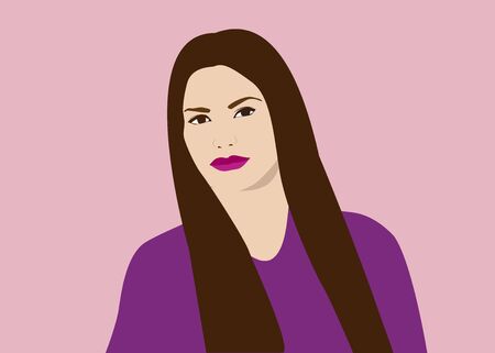 Simple portrait of beautiful fashion young woman with broun long hair isolated on pink background. Vector illustration.のイラスト素材