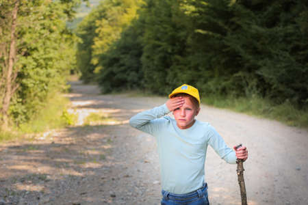 Happy hiker girl with walking stick walking in the mountains. Freedom, goal, hiking, children activity tourism concept.の写真素材