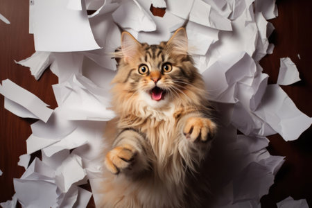 Funny naughty maine coon cat playing with the crumpled paperの素材