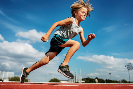 Young teen boy running on the running track at the stadium outdoors. High quality photoの素材