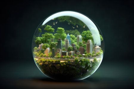 Green city in a crystal ball. Creative ideas of earth day, save energy, air pollution, environment concept. Save planet. conceptの素材