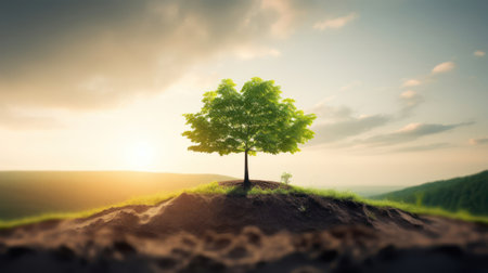 Small trees with green leaves, natural growth, and sunlight, the concept of agriculture, and sustainable plant growth.の素材