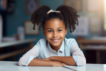 African American Schoolgirl sitting in classroom during lesson in elementary school.の素材