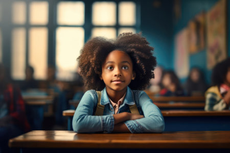 African American Schoolgirl sitting in classroom during lesson in elementary school.の素材