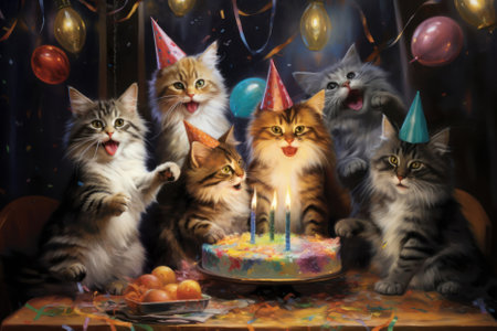 Group of six kittens wearing birthday party hats.Birthday pet party,cake with candles,ballons,confetti.の素材