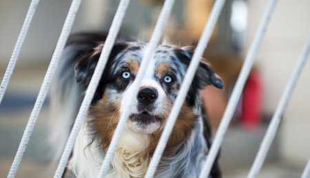 Dog with cold blue eyes behind a fenceの写真素材