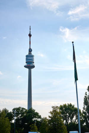 View over Danube river to Danube Tower in Viennaの写真素材