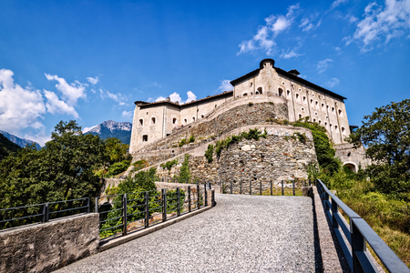 Fort Bard, Valle d'Aosta, Italy - August 18, 2017: Fort Bard's Historic Military Constructions Defense. Touristic medieval fortress in the Italian Alpsのeditorial素材