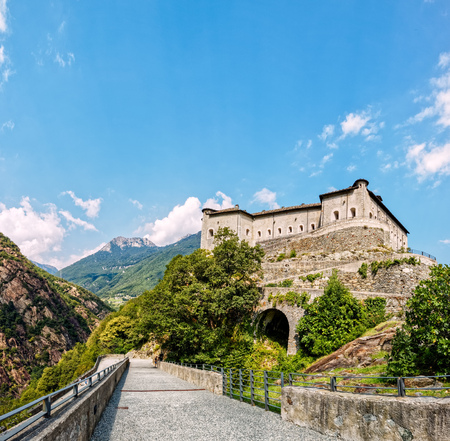 Fort Bard, Valle d'Aosta, Italy - August 18, 2017: Fort Bard's Historic Military Constructions Defense. Touristic medieval fortress in the Italian Alpsのeditorial素材