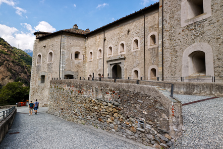 Fort Bard, Valle d'Aosta, Italy - August 18, 2017: Historic military construction defence Fort Bard. Touristic medieval fortress in Italian Alps. Location of the Avengers: Age of Ultron film.のeditorial素材