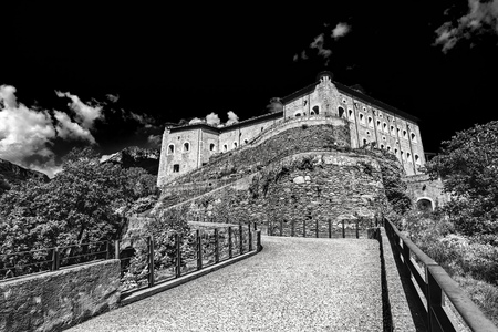 Fort Bard, Valle d'Aosta, Italy - Agoust 18, 2017: Historic military contruction defence Fort Bard. Touristic medieval fortress in Italian Alps. Location of the Avengers: Age of Ultron film.のeditorial素材