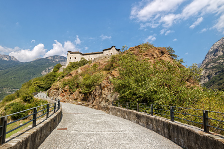 Fort Bard, Valle d'Aosta, Italy - August 18, 2017: Historic military construction defence Fort Bard. Touristic medieval fortress in Italian Alps. Location of the Avengers: Age of Ultron film.のeditorial素材