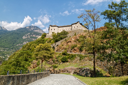 Fort Bard, Valle d'Aosta, Italy - August 18, 2017: Historic military construction defence Fort Bard. Touristic medieval fortress in Italian Alps. Location of the Avengers: Age of Ultron film.のeditorial素材