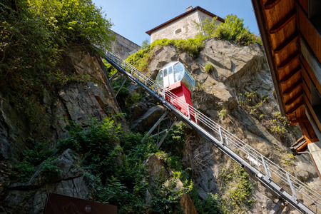 Fort Bard, Valle d'Aosta, Italy - August 18, 2017: Historic military construction defence Fort Bard. Touristic medieval fortress in Italian Alps. Location of the Avengers: Age of Ultron film.のeditorial素材