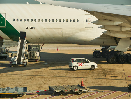 Ground handling equipment at International Airport Leonardo, Fiumicino, Rome, Italy in September 6, 2018のeditorial素材